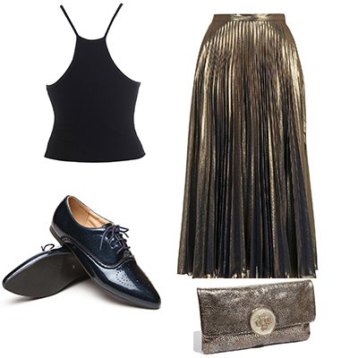 For a daytime looks, opt for a midi pleated metallic skirt paired with a single strap vest. For accessories, grab a stylish brogues and an equally stylish metallic purse to complete the look.