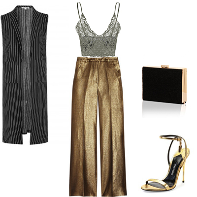 For a night look, go for these wide-leg metallic pants paired with a crop-vest. Grab a long sleeveless blazer, a clutch and the perfect metallic barely-there heels. 