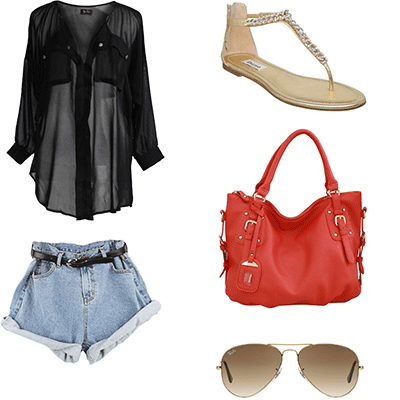 This is the epitome of casual chic. Black chiffon top (in case the scalding head decides to rear its ugly head), paired with denim shorts, flat sandals, red bag, and topped off with aviator sunglasses.
