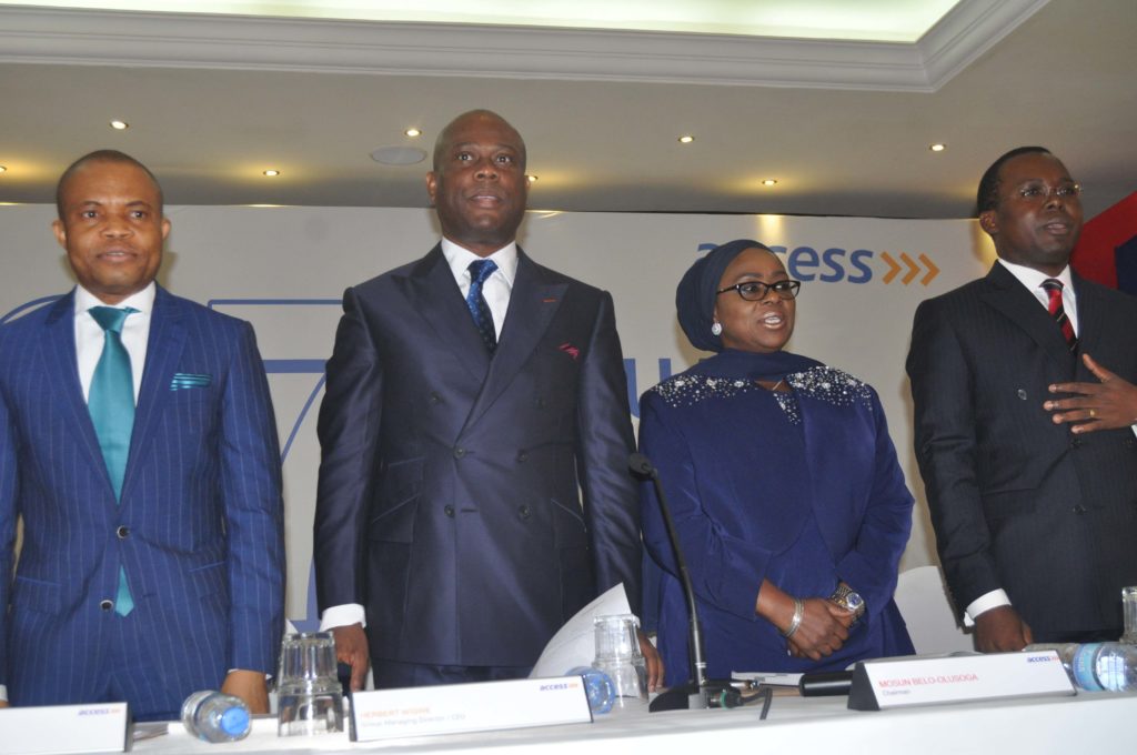 .. L-R; Group Deputy Managing Director, Access Bank Plc, Mr Obinna Nwosu, Group Managing Director/CEO, Mr Herbert Wigwe, Chairman Board of Directors Mrs Mosun Bello-Olusoga and Company Secretary Mr Sunday Ekwochi, during the 27th Annual General Meeting of Access Bank Plc, held in Lagos on Wednesday 27/4/2016. PHOTO CHINYERE IKEANYI