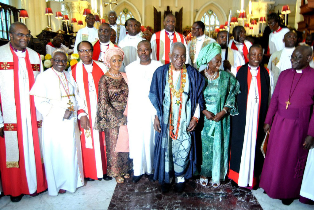 L-R:Former prelate Methodist Church of Nigeria, Eminence Sunday Akinde; Bishop of Lagos & Deen Emeritus,Church of Nigeria(Anglican Communion),Most Revd.Dr. Adebola Ademowo;Wife of Ogun State Governor,Mrs Olufunsho Amosun;Executive Governor of Ogun State,Senator Ibikunle Amosun;Former Interim Head of State/ Celebrant,Chief(Dr.) Ernest Shonekan with his wife Margaret