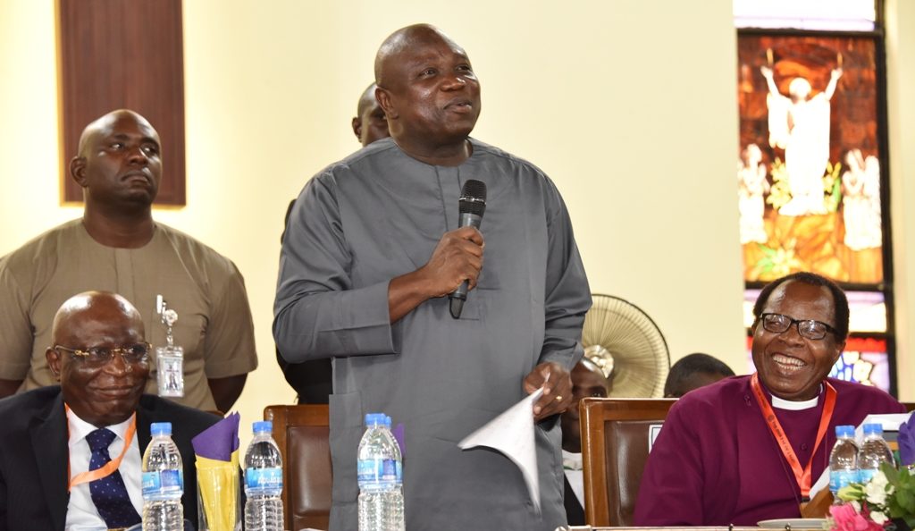 Pictures: Gov. Ambode At Official Opening Of 33rd Synod Of Diocese Of Lagos Church Of Nigeria (Anglican Communion) L-R: Lagos State Governor, Mr. Akinwunmi Ambode (middle), flanked by the Diocesan Bishop of Lagos and Dean Emeritus, Church of Nigeria (Anglican Communion), Most Reverend Ephraim Ademowo and Justice George Oguntade (rtd.)